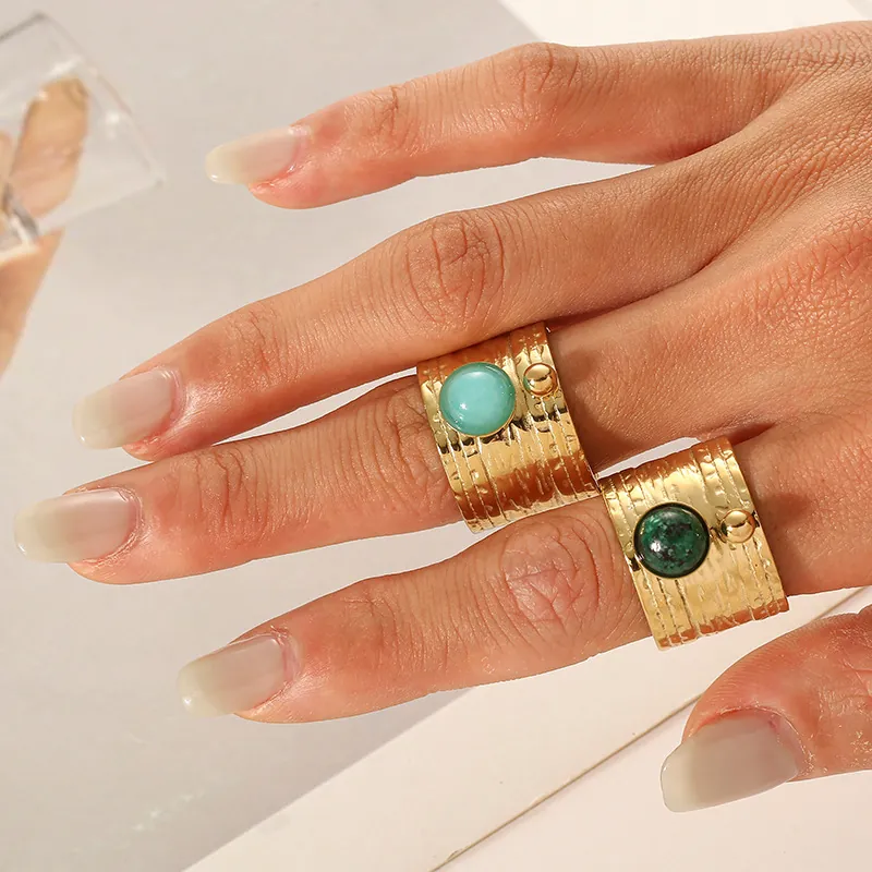 Gold Plated Hammered Stainless Steel Ring Wide Band Natural Stone Inlaid Adjustable Open Jewelry Vintage Boho For Women
