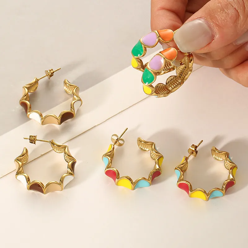 Colorful Enamel C-Shaped Hoop Earrings Wavy Edge Gold Plated Drip Oil Geometric Fashion Jewelry For Women