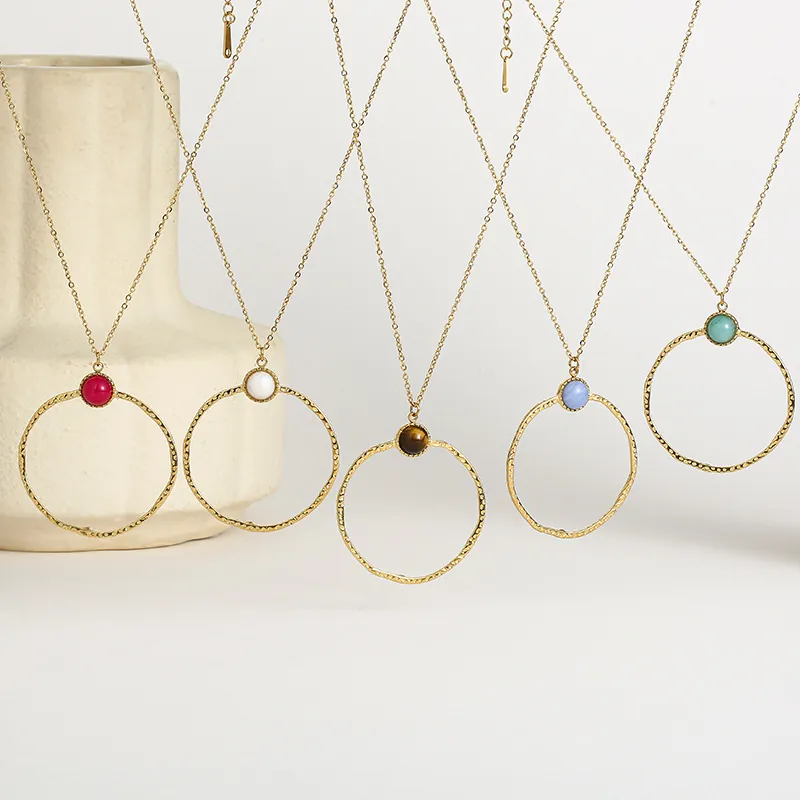 Hammered Stainless Steel Necklace With Natural Stone Large Circular Pendant Geometric 18K Gold Plated Statement Women Jewelry