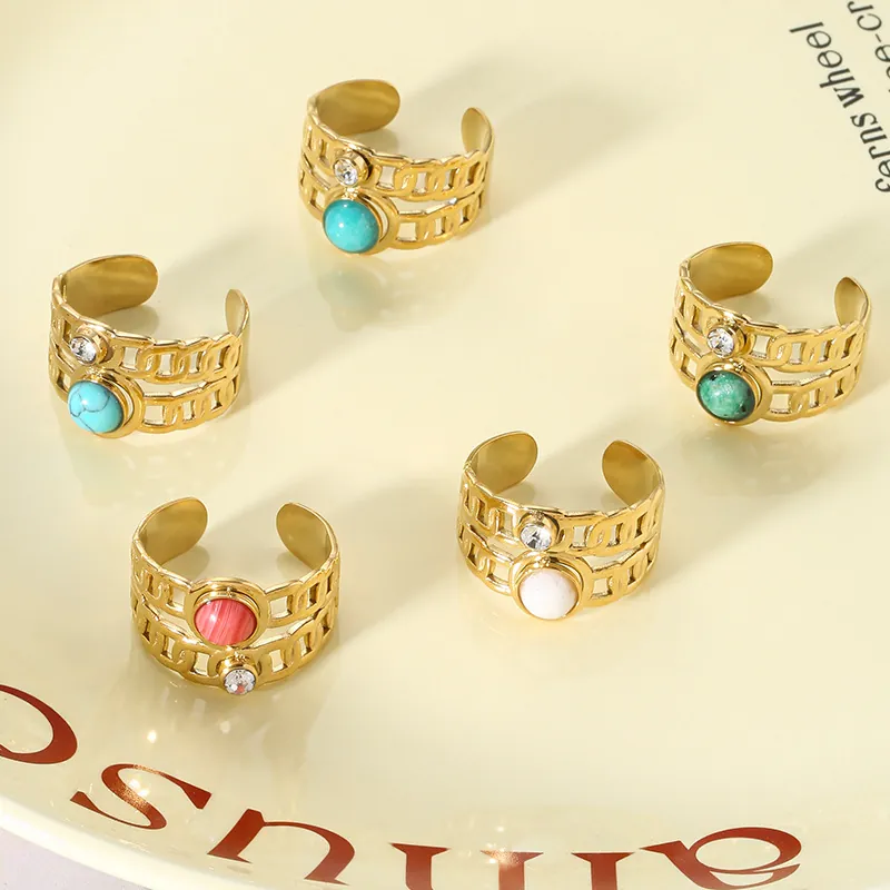 Vintage Wide Band Ring Stainless Steel Open Adjustable Natural Stone Zircon Inlaid Layered Hollow Chain Jewelry