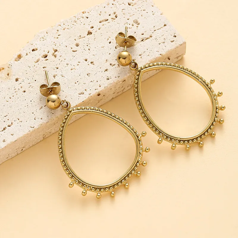 Boucles D Oreilles Pendantes Goutte Plaqué Or 14K Acier Inoxydable Creux Bord Perlé Vintage Bohème Pour Femmes