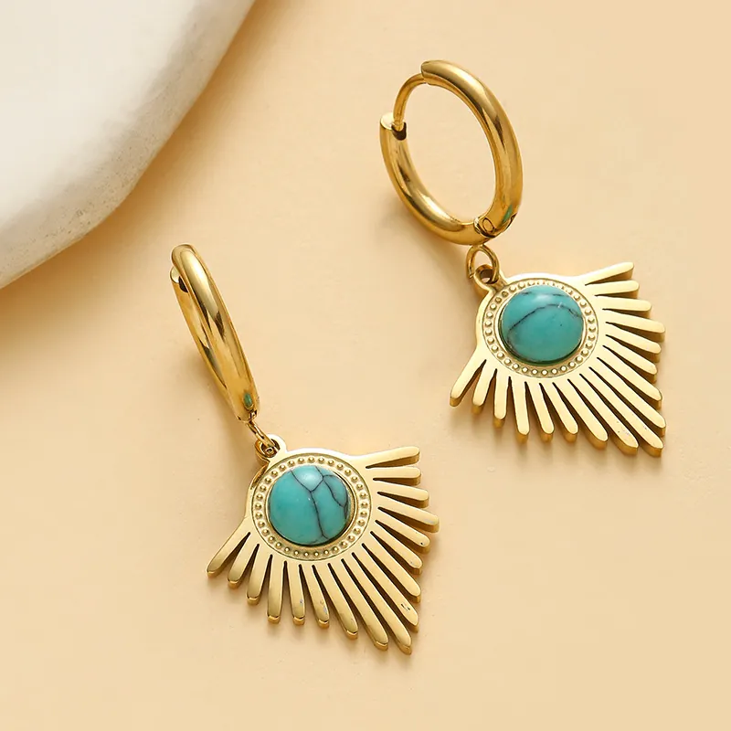 Boucles D'Oreilles Éventail Soleil En Acier Inoxydable Plqué Or Avec Pierres Turquoise Synthétiques Style Bohème Pour Femme