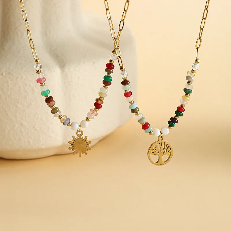 Collier En Acier Inoxydable Bohème Perles Colorées Pendentif Arbre De Vie Soleil Plaqué Or 14K Chaîne Trombone