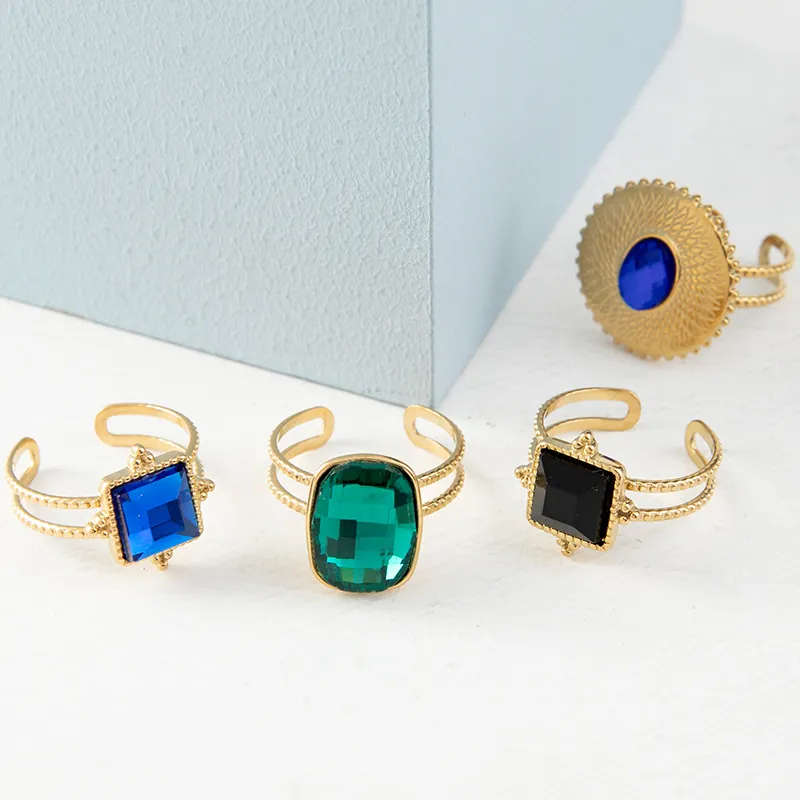 Vintage Open Adjustable Ring Stainless Steel 18K Gold Plated Zircon Synthetic Gemstone Celestial Geometric Jewelry Women