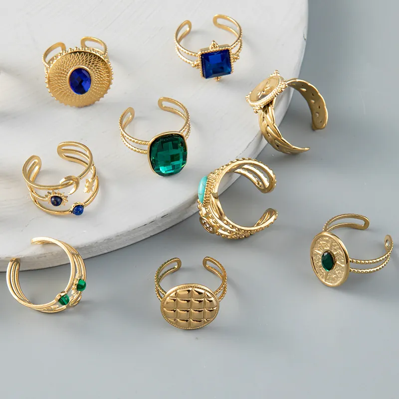 Vintage Adjustable Open Ring Stainless Steel Gold Plated Bohemian Star Moon Enamel Rhinestone Finger Jewelry For Women