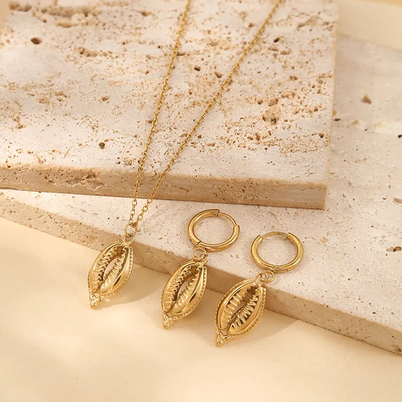 Ocean Starfish Shell Star Pendant Necklace And Hoop Earrings Stainless Steel Gold Plated Bohemian Beach Jewelry For Women