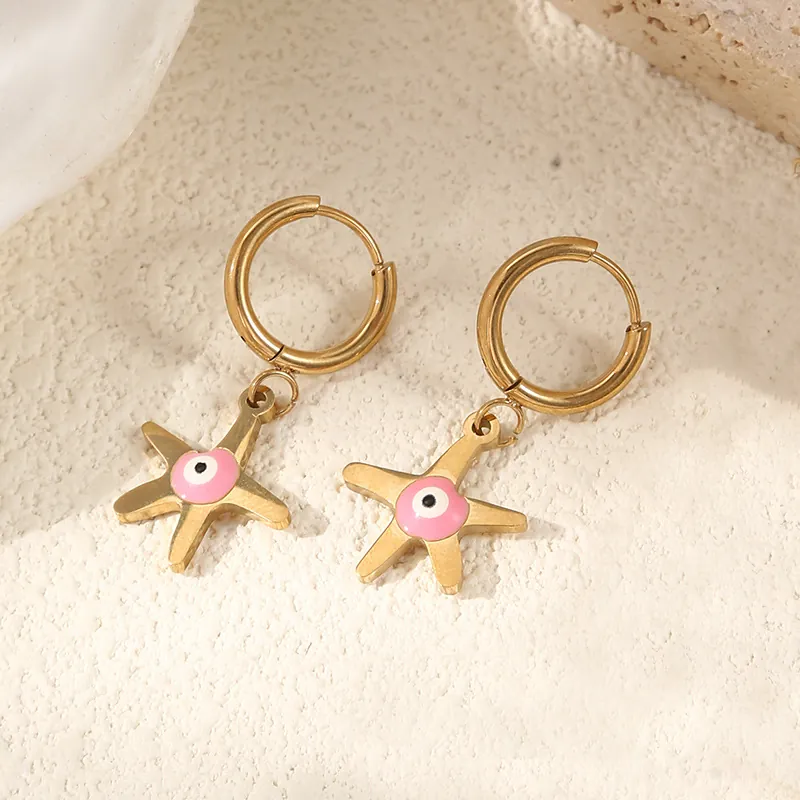 Starfish Pendant Necklace And Hoop Earrings Pink Evil Eye Stainless Steel Gold Plated Ocean Style Jewelry For Women