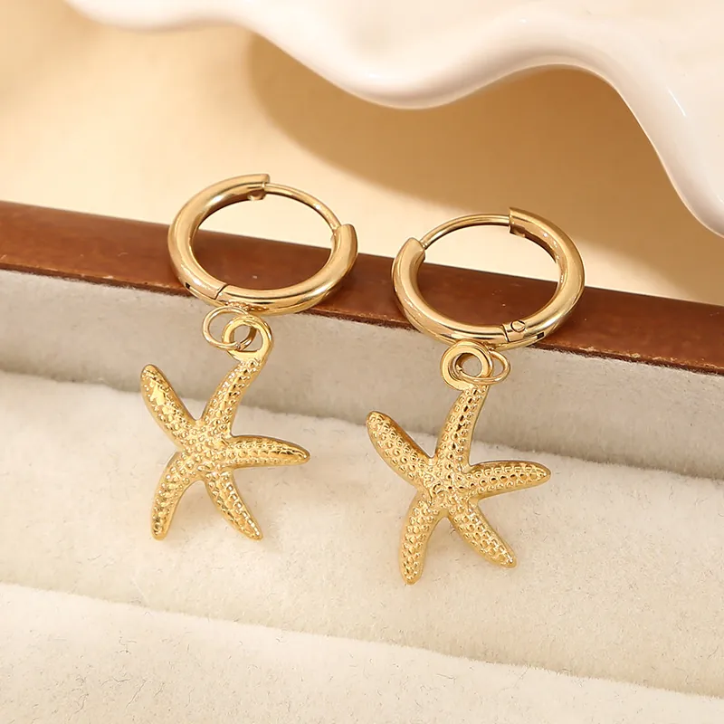 Boucles D'oreilles Créoles Étoile De Mer Coquillage Mauvais Œil Plaqué Or 14k Acier Inoxydable Étanche Océan