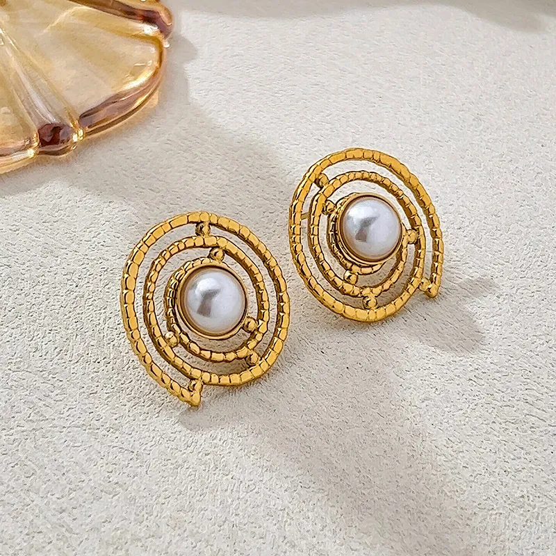 Boucles Oreilles Künstliche Perles Vintage Français Acier Inoxydable Plaqué Or Rétro Géométrique Pendantes Clous Femmes Élégant
