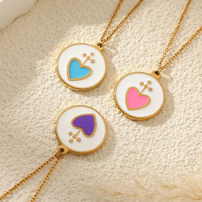 Collier Pendentif Cœur Acier Inoxydable Médaillon Rond Émail Bijoux Pour Femmes Mode Style INS Plaqué Or