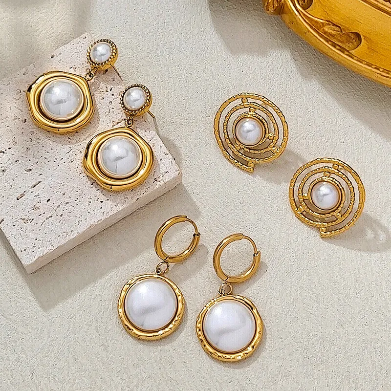 Boucles D'oreilles Pendentif Künstliche Perle Vintage Acier Inoxydable Plaqué Or 18K Géométrique Irrégulier Bijoux Pour Femmes Élégant