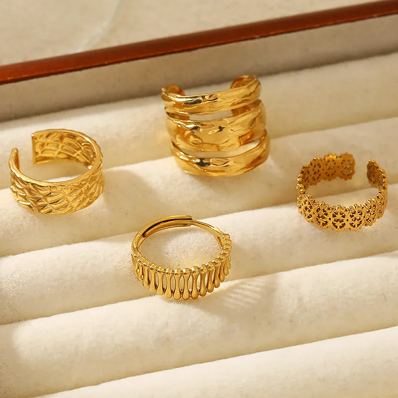 Stainless Steel Rings For Women Adjustable Open Gold French Vintage Hollow Lace Grid Pattern Ins Style Fashion