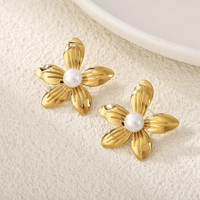 Pendientes De Botón Vintage De Acero Inoxidable Flor Concha Corazón Para Mujer Impermeable Chapado En Oro Perla Artificial