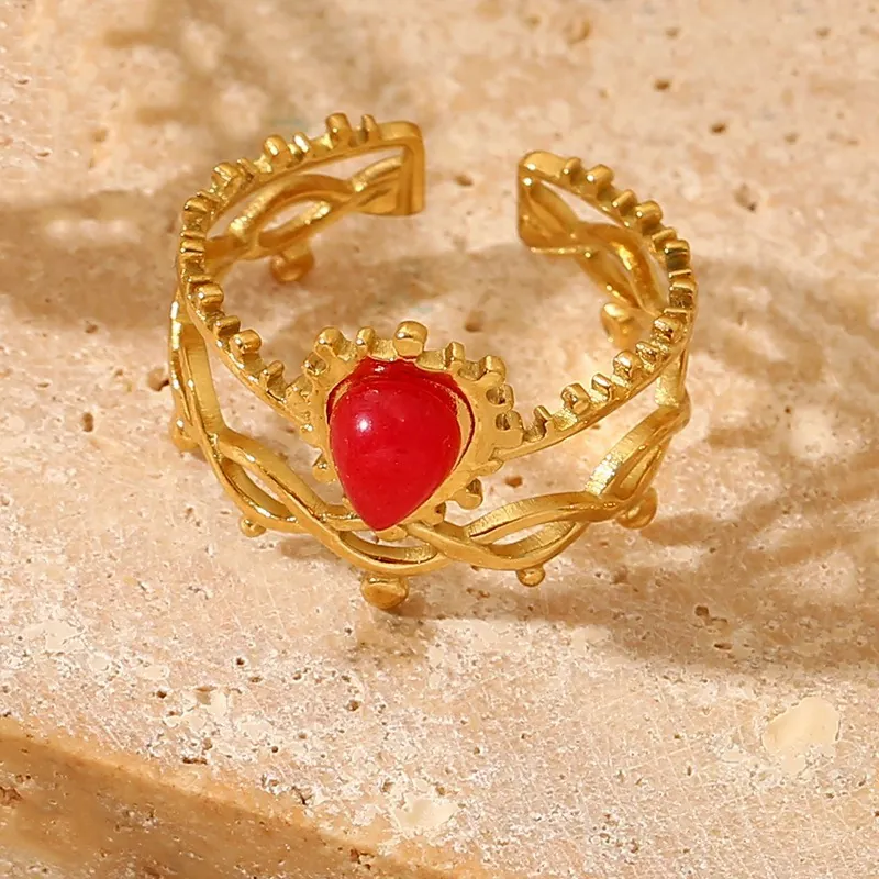 Bague Vintage Pierre Naturelle Goutte Acier Inoxydable Plaqué Or Ajustable Ouverte Style Rétro Français Bohème Pour Femmes