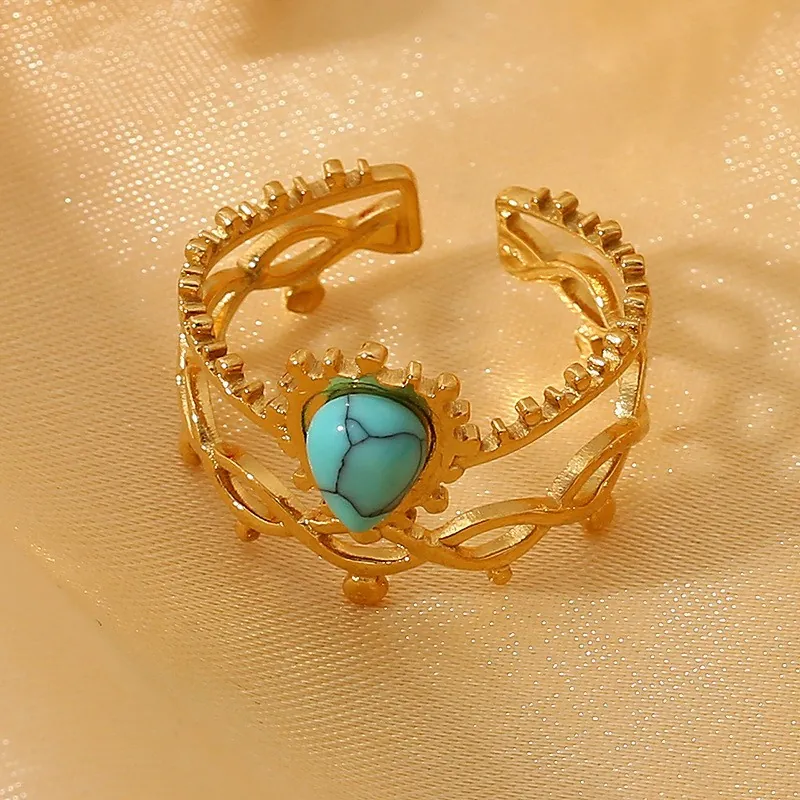 Retro Open Ring Stainless Steel 18K Gold Plated Natural Stone Teardrop Adjustable Bohemian Jewelry For Women Trendy