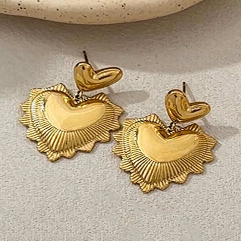 Vintage Stainless Steel Earrings For Women Gold Plated Textured Heart Waterdrop Star Geometric Jewelry