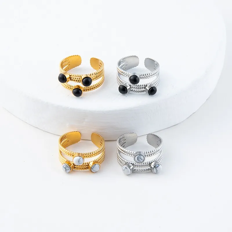 Bagues En Acier Inoxydable Vintage Pierre Naturelle Plaquées Or 18K Ajustables Bijoux De Doigt Ouverts Pour Femmes