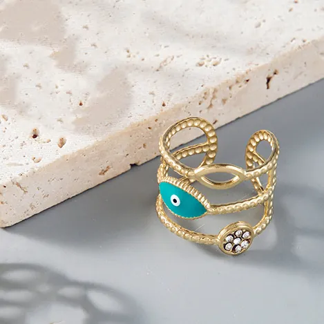 Bohemian Stainless Steel Open Ring Celestial Sun Moon Star Evil Eye Turquoise Zircon Adjustable Vintage Jewelry For Women