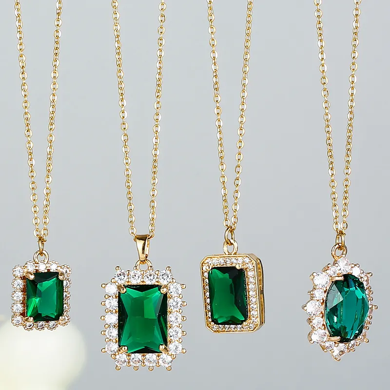 Emerald Green Crystal Pendant Necklace Vintage Gold Plated Stainless Steel Geometric Zircon Clavicle Chain For Women