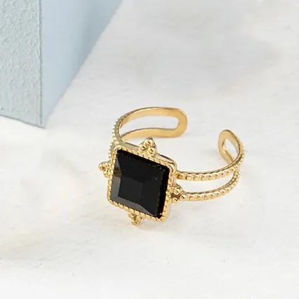 Bague Ouverte Géométrique Rétro Acier Inoxydable Creux Double Couche Réglable Bijoux Pour Femmes Avec Pierre Précieuse