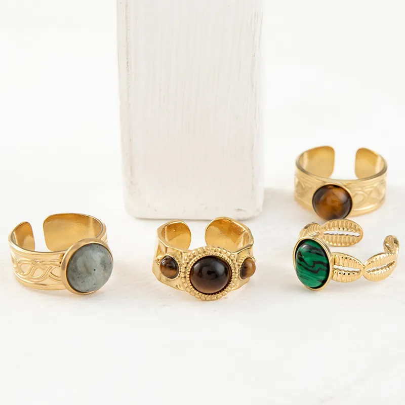 French Retro Stainless Steel Adjustable Open Ring With Multi Color Natural Stone Inlaid Luxury Fashion Jewelry For Women
