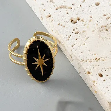Retro Stainless Steel Adjustable Open Ring For Women Gold Plated Vintage Celestial Star Moon Faux Gemstone Jewelry