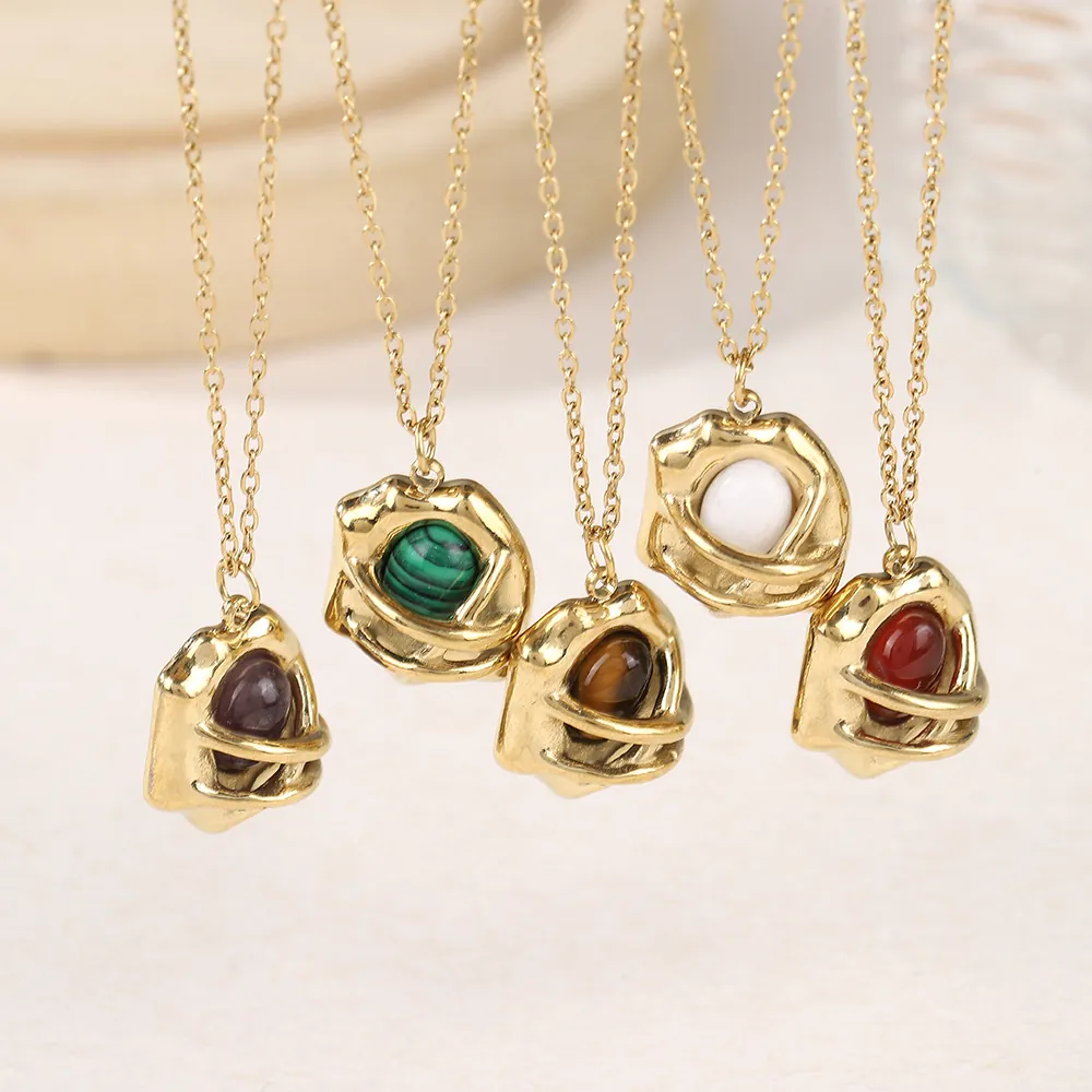 Natural Gemstone Pendant Necklace 18K Gold Plated Stainless Steel Irregular Wrap Vintage Geometric Aesthetic Jewelry Women