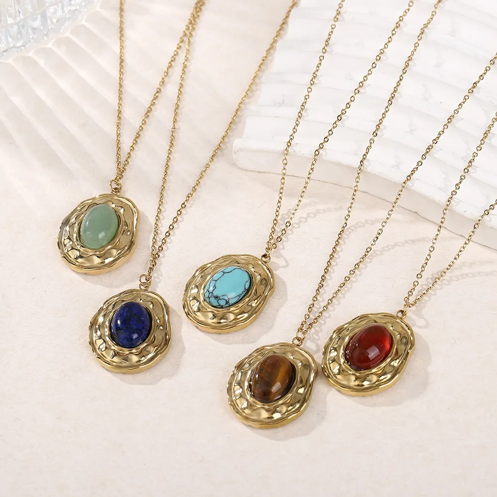 Vintage Gold Plated Stainless Steel Pendant Necklace Natural Stone Oval Hammered Texture Retro Court Style For Women