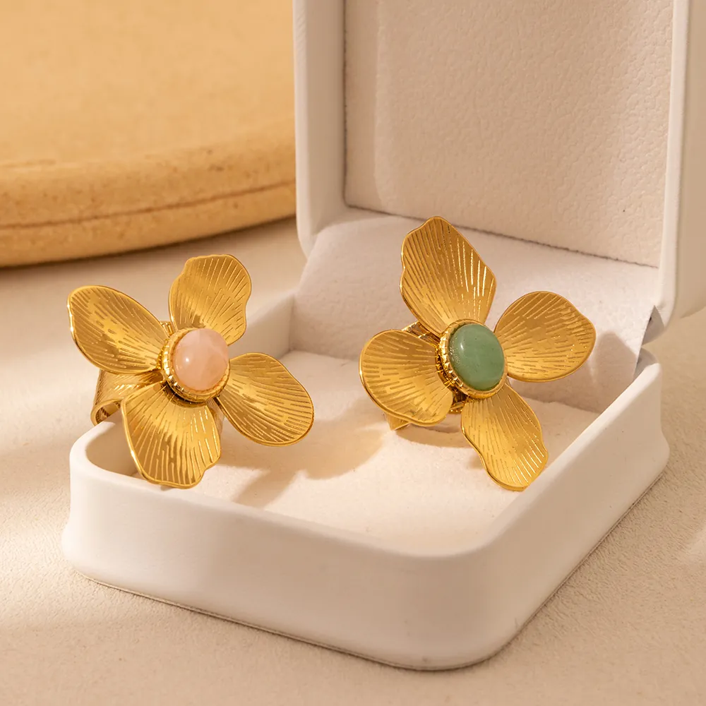 Vintage Flower Ring Stainless Steel Adjustable Open Band With Natural Stone Elegant French Style Jewelry For Women