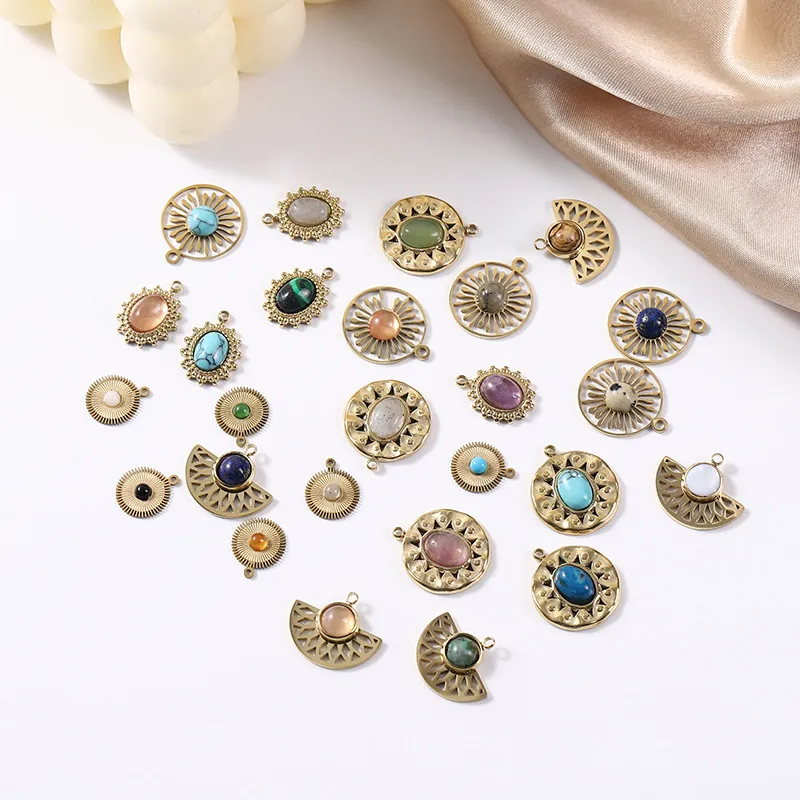 Retro Round Sun Pendant Charms Stainless Steel Natural Stone Inlaid Geometric DIY Jewelry Making Accessories Bohemian Style