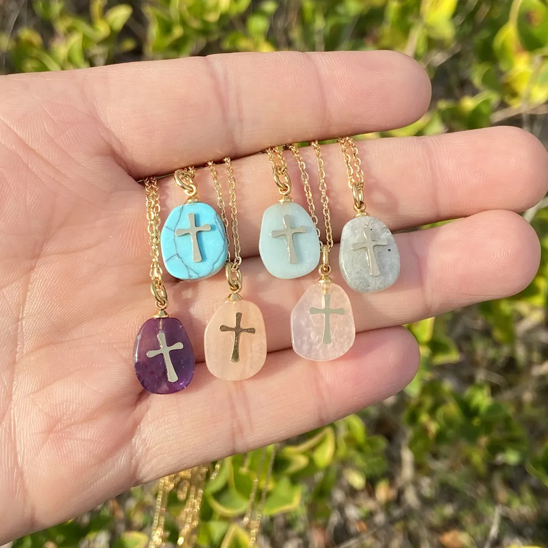 Natural Stone Cross Pendant Necklace Stainless Steel Chain Irregular Pebble Gemstone Religious Jewelry For Women