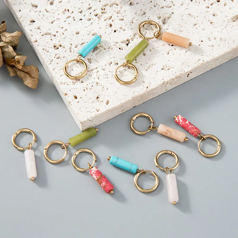 Boucles D'Oreilles Créoles En Acier Inoxydable Avec Pendentif Cylindrique En Pierre Naturelle Bijoux Géométriques Dorés Pour Femmes