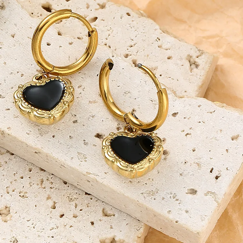 Vintage Heart Pendant Hoop Earrings Stainless Steel Vacuum Gold Plated Black Enamel Baroque Flower Pattern For Women