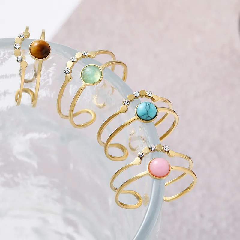 Bohemian Double Layer Open Ring For Women Adjustable Stainless Steel With Round Natural Stone And Zircon Luxury Jewelry