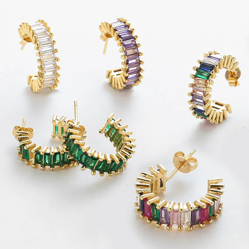 Créoles Rétro En Forme De C Pour Femmes Cuivre Plaqué Or Avec Zircone Coupe Baguette Géométrique Mode