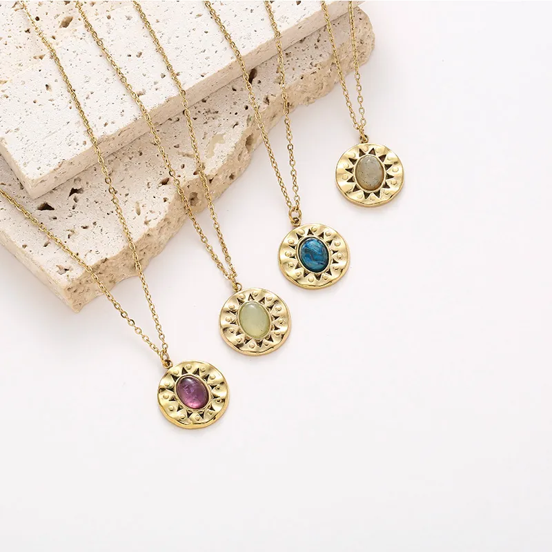 French Retro Stainless Steel Necklace With Oval Natural Stone Geometric Sun Pendant For Women Fashion Accessory