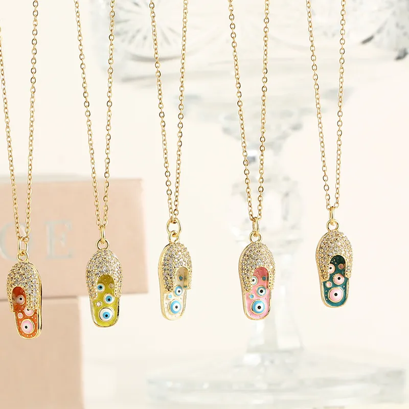 Collier Pendentif Pantoufle En Acier Inoxydable Plaqué Or Zircone Cubique Émail Mauvais Œil Bijoux Bohèmes Pour Femmes
