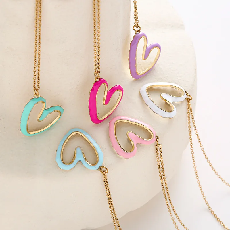 Irregular Hollow Heart Pendant Necklace Stainless Steel Enamel Drip Oil Colorful Gold Plated Minimalist Jewelry For Women