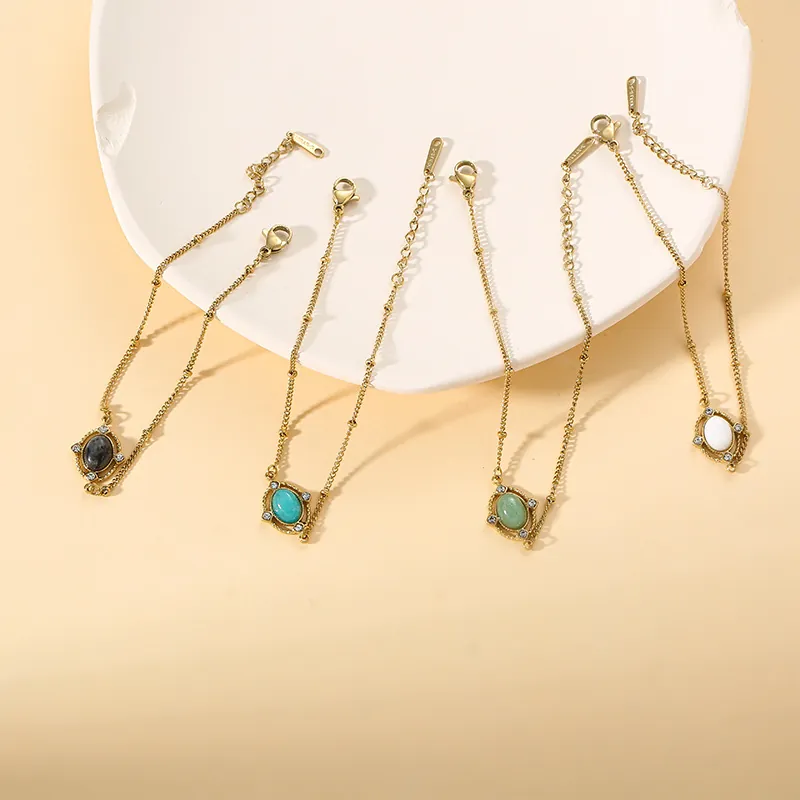 Vintage Oval Natural Stone Stainless Steel Bracelet Gold Plated Rhinestone Beaded Chain Adjustable Women Jewelry