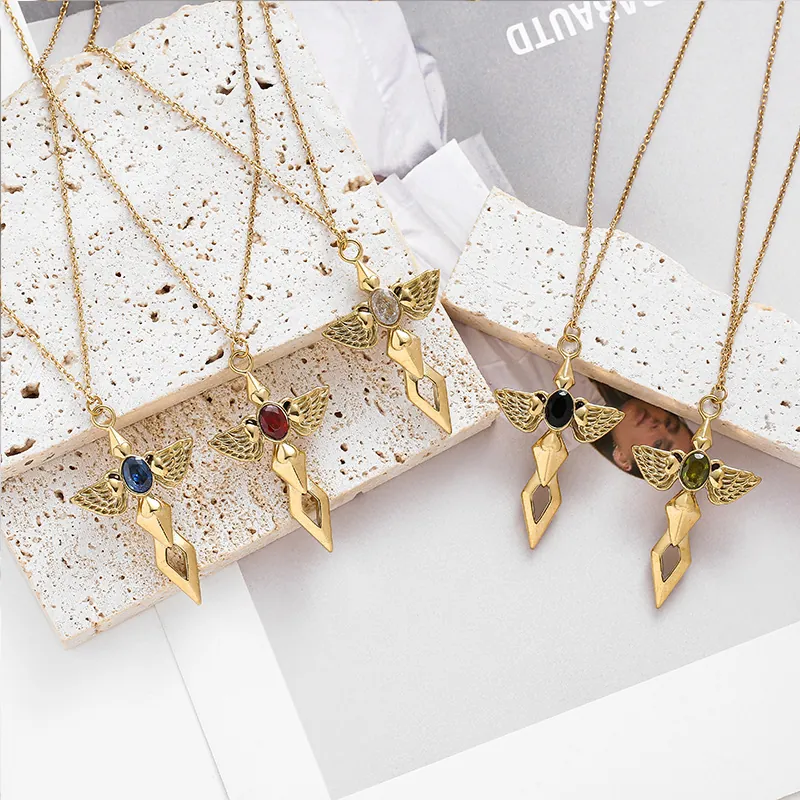 Angel Wings Sword Pendant Necklace Stainless Steel Gold Plated Oval Gemstone Gothic Jewelry For Women Men