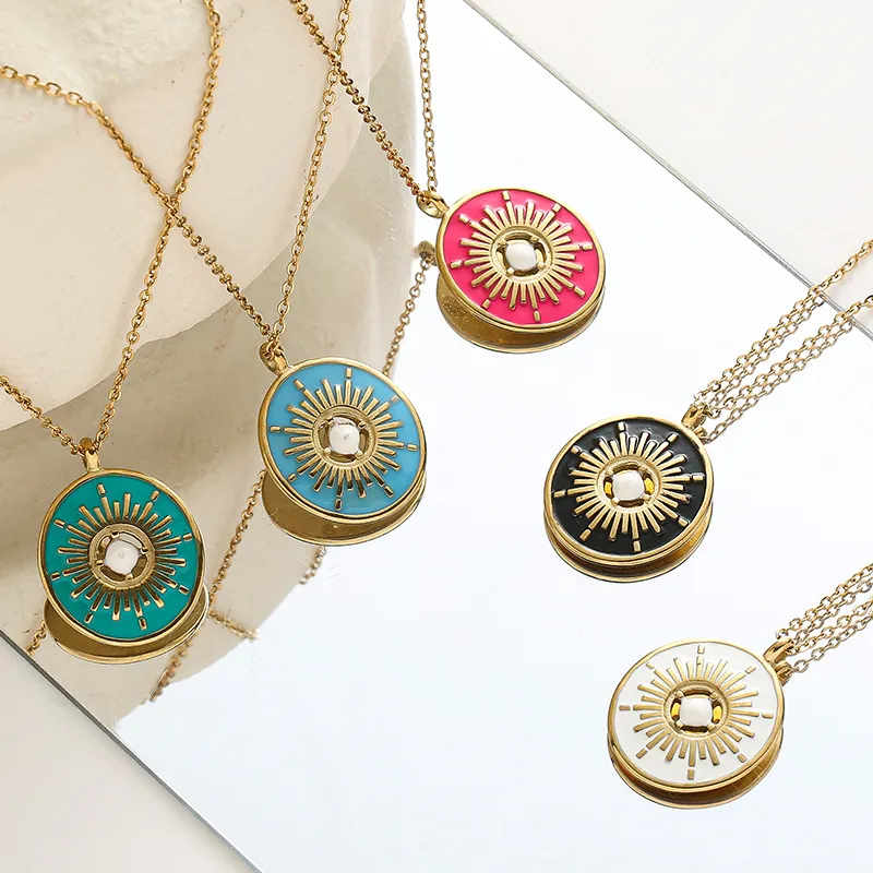 Collier Pendentif Soleil Rond Acier Inoxydable Plaqué Or Émail Disque Tournesol Bijoux Bohème Vintage Pour Femmes
