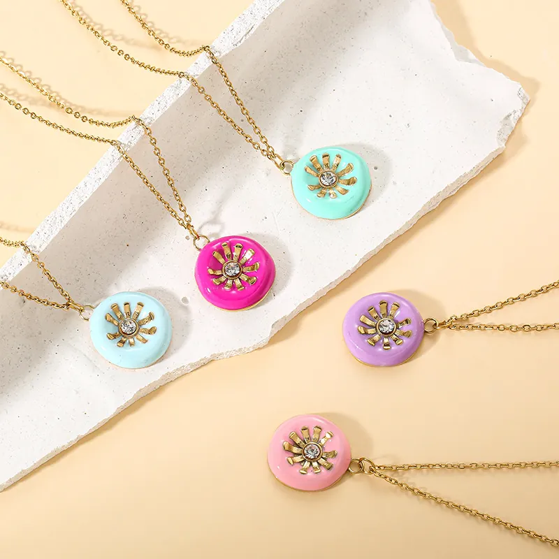 Round Sunflower Pendant Necklace Stainless Steel Enamel Sunburst Design Colorful Fashion Jewelry For Women