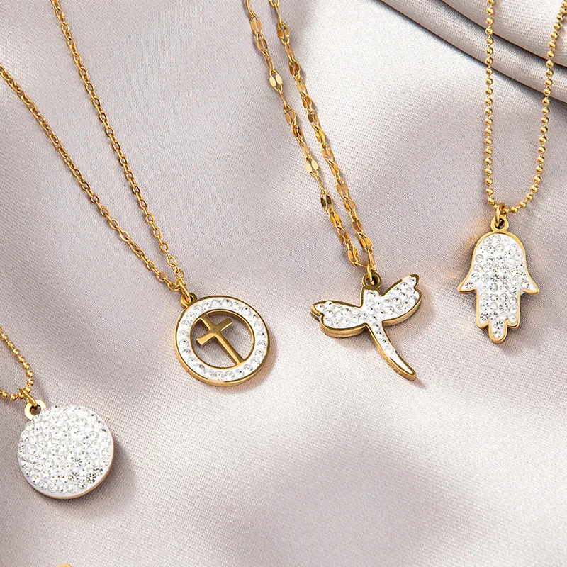 Collier Pendentif Acier Inoxydable Strass Zircon Fleur Croix Hamsa Libellule Bijoux Mode Pour Femmes