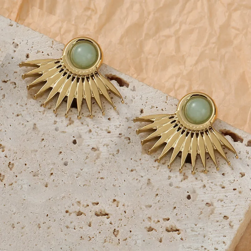 Vintage Fan Shaped Stud Earrings Stainless Steel Inlaid Natural Stone Sunburst Geometric Jewelry Women