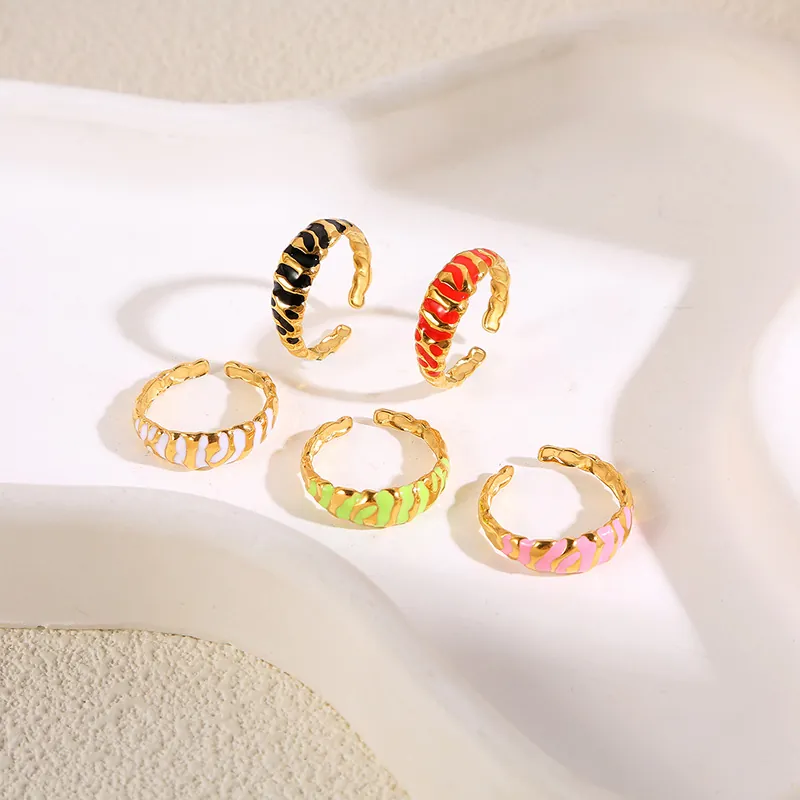 Adjustable Open Ring Stainless Steel Retro Enamel Zebra Stripe Pattern Irregular Color Contrast Fashion Jewelry