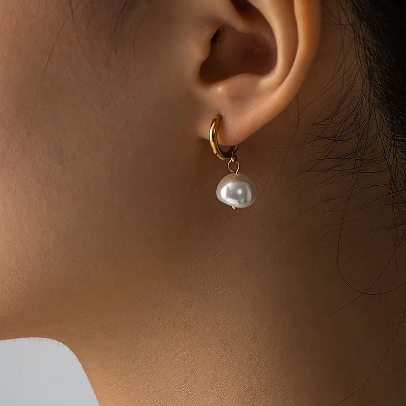 Natural Baroque Freshwater Pearl Hoop Earrings Stainless Steel Minimalist Elegant Jewelry For Women