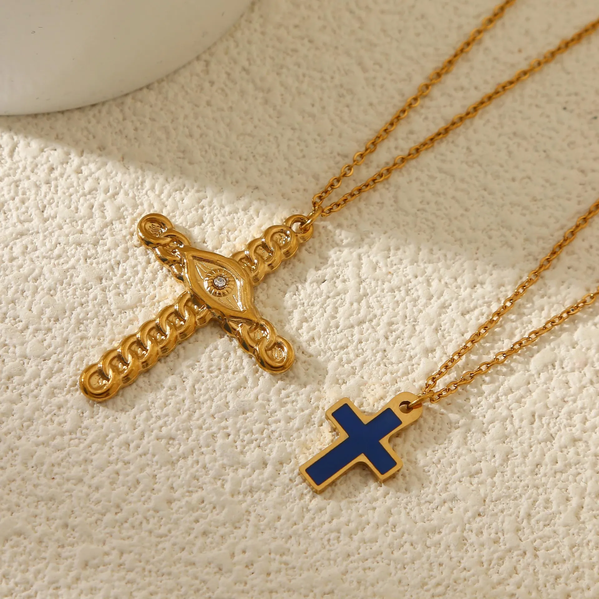 Vintage Cross Pendant Necklace Stainless Steel Enamel Evil Eye Crown Cubic Zirconia Retro Jewelry For Women