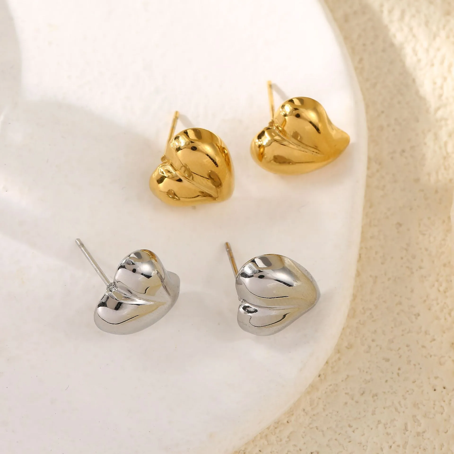 Stainless Steel Heart Square Geometric Stud Earrings Polished Mirror Finish Minimalist Jewelry For Women