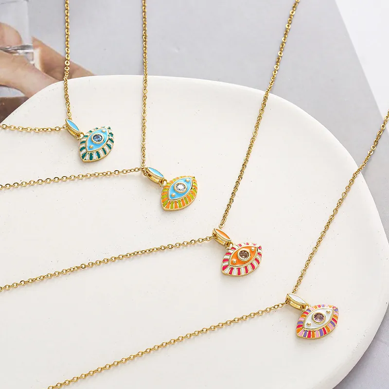 Collier Pendentif Mauvais Œil Cuivre Émail Rayure Colorée Zircon Bijoux De Mode Pour Femmes Plaqué Or Cadeau Tendance