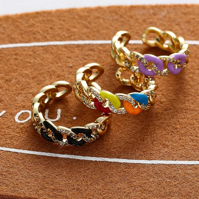 Cuban Chain Shape Adjustable Ring Stainless Steel Gold Plated Colorful Enamel Zircon Personalized Fashion Accessory